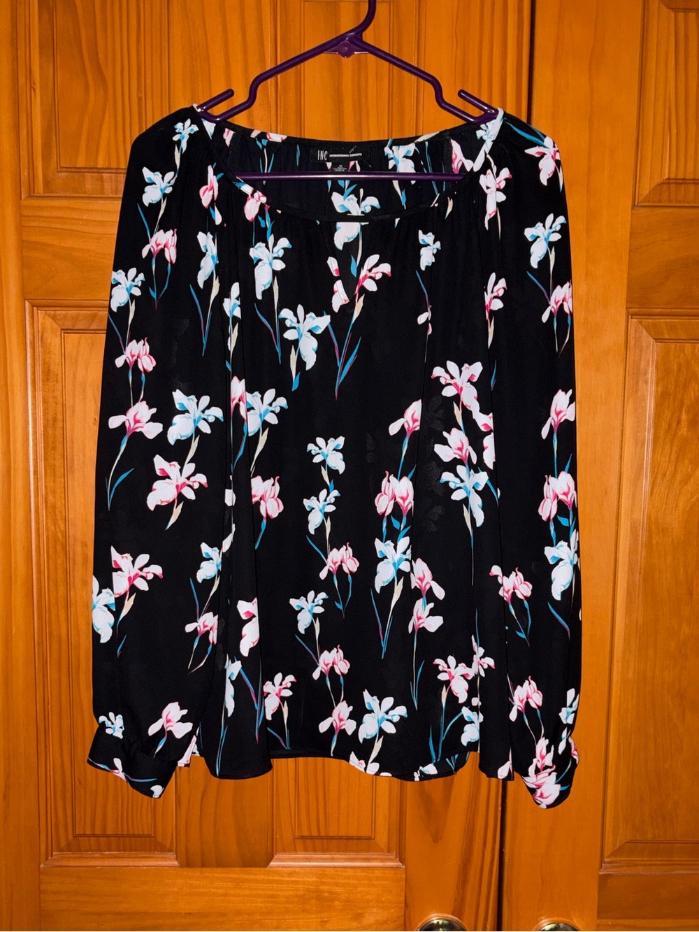 INC International Concepts Black Blouse with Pink & Light Blue Floral Print